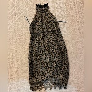 Bardot gold leaf halter dress